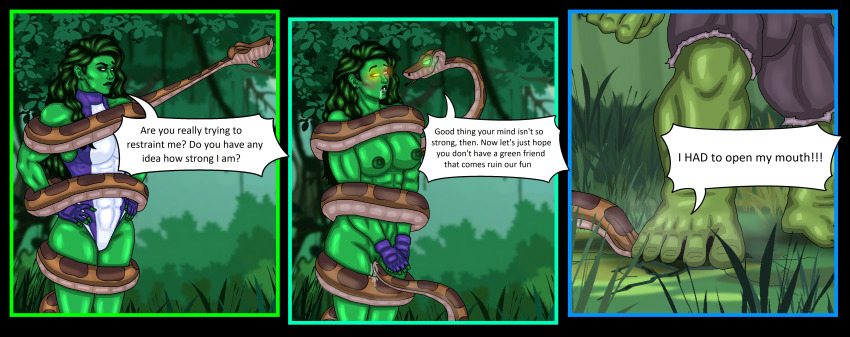 abs absurdres blush coils crotch_rub disney drool english_text fingerless_gloves green_eyes green_hair green_skin hulk humor kaa kaa_eyes long_hair marvel_comics mspainter nude open_mouth pussy_juice she-hulk speech_bubble super_hero text the_jungle_book