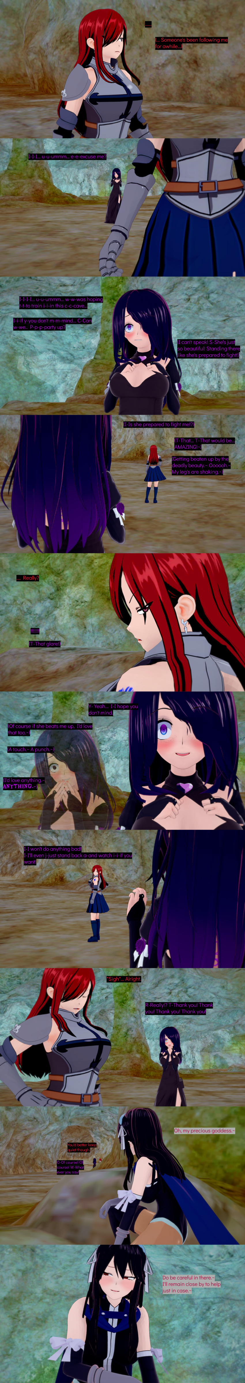 absurdres armor aware black_hair blue_eyes blush brown_eyes clothed cyanstargazer dialogue english_text erza_scarlet fairy_tail female_only femdom femsub freckles hair_covering_one_eye long_hair multicolored_eyes multiple_girls purple_eyes red_eyes red_hair text ultear_milkovich