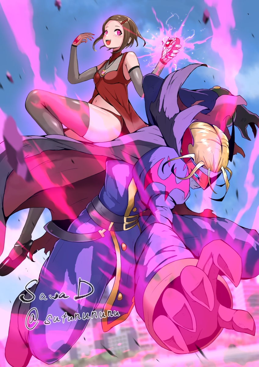 absurdres alternate_costume aware bandai_namco bare_shoulders belt blonde_hair blue_eyes blush body_markings brown_hair cape complex_background corruption digimon digimon_adventure_02 eye_color_change femsub glowing happy_trance kari_kamiya looking_back midriff myotismon nail_polish navel outdoors red_eyes sawa_d short_hair smile tattoo thick_thighs thighhighs thighs