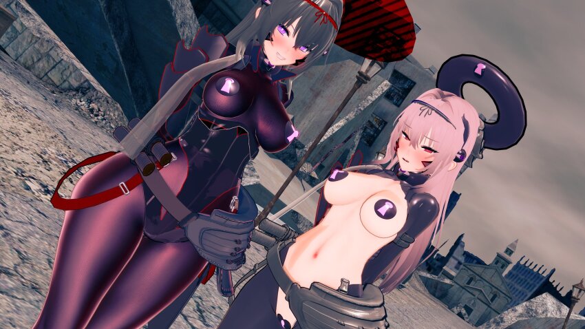 3d arms_behind_back bangs belt black_hair blush bodysuit character_request clothed_exposure collar empty_eyes female_only femsub gloves halo happy_trance headband headdress kaints koikatsu! kuromaru living_costume long_hair looking_at_viewer m.u.g.e.n. midriff multiple_girls navel opera_gloves pad_lock pantyhose pasties purple_eyes red_eyes reverse_bunnysuit smile thighhighs tight_clothing topless wide_hips