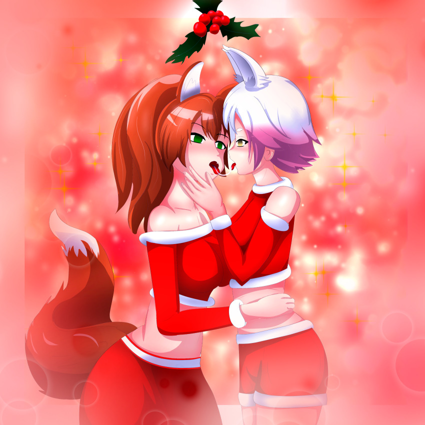 christmas fox_ears fox_girl fox_tail kissing mistletoe momiji_(that_time_i_got_reincarnated_as_a_slime) orange_hair phos_(that_time_i_got_reincarnated_as_a_slime) surrisaki tagme that_time_i_got_reincarnated_as_a_slime white_hair