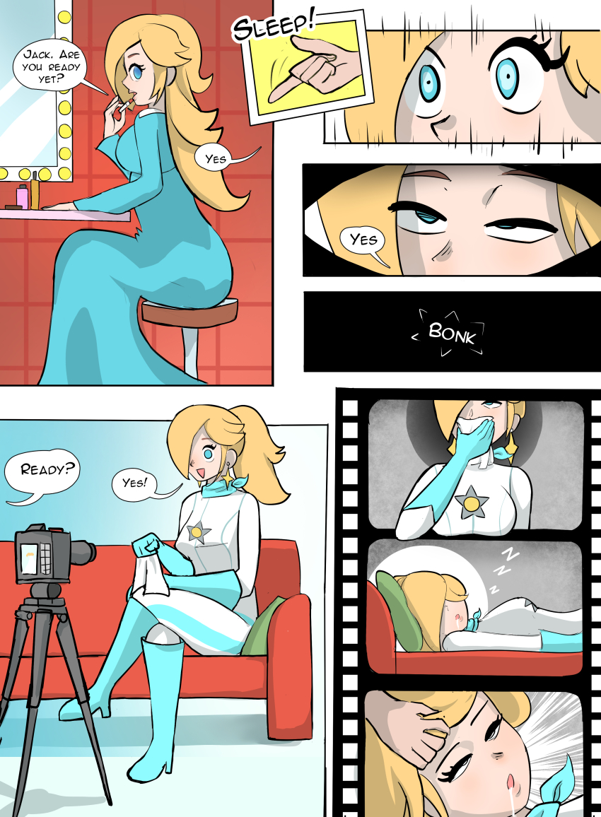 absurdres blonde_hair blue_eyes blush bodysuit boots camera clothed comic crossed_legs dialogue dress drool earrings emblem english_text female_only femsub finger_snap glatu gloves good_sub_conditioning hair_covering_one_eye heavy_eyelids high_heels lipstick long_hair looking_back makeup mirror nail_polish nintendo open_mouth ponytail princess_rosalina scarf short_hair shrunken_irises sitting sleep_command sleeping solo speech_bubble stage super_mario_bros. super_mario_galaxy text