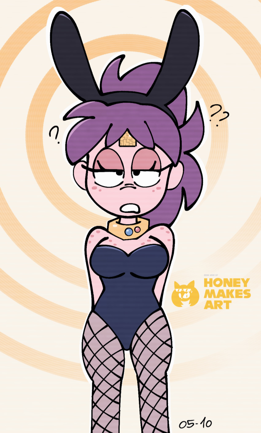 arms_behind_back bunny_ears bunnysuit confused day_job femsub honeymakesart lily_(day_job) looking_at_viewer microchip signature simple_background standing tech_control unaware