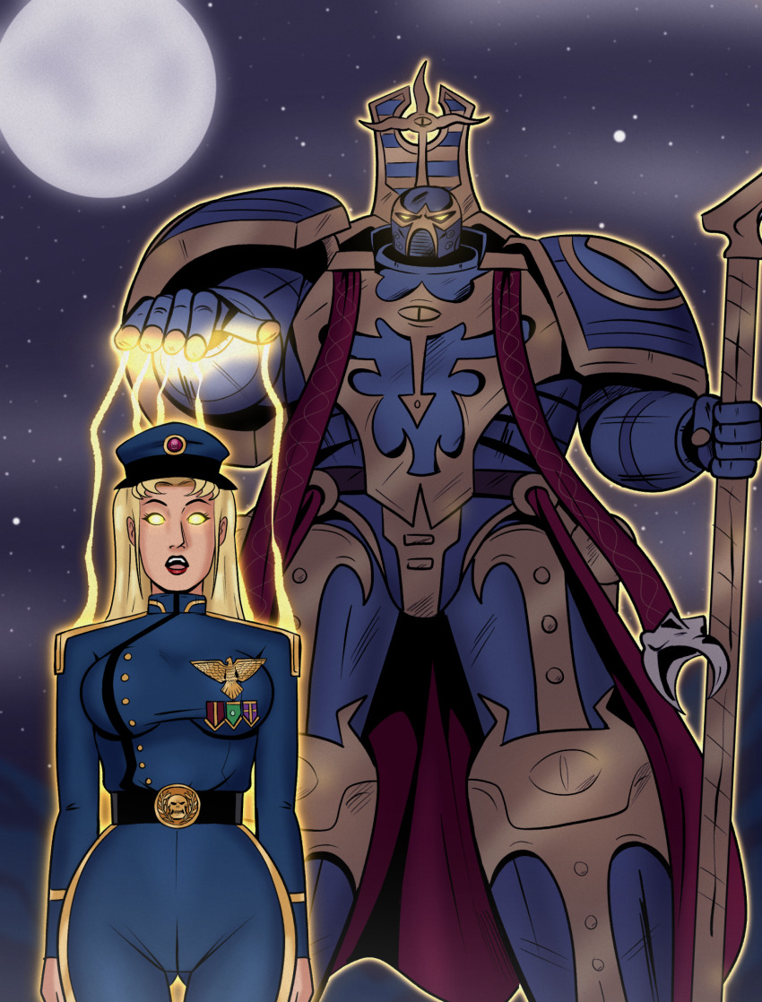 aurora_(jabberwocky) blonde_hair femsub glowing_eyes long_hair maledom military_hat military_uniform open_mouth original polmanning space_marine tongue uniform warhammer_40k