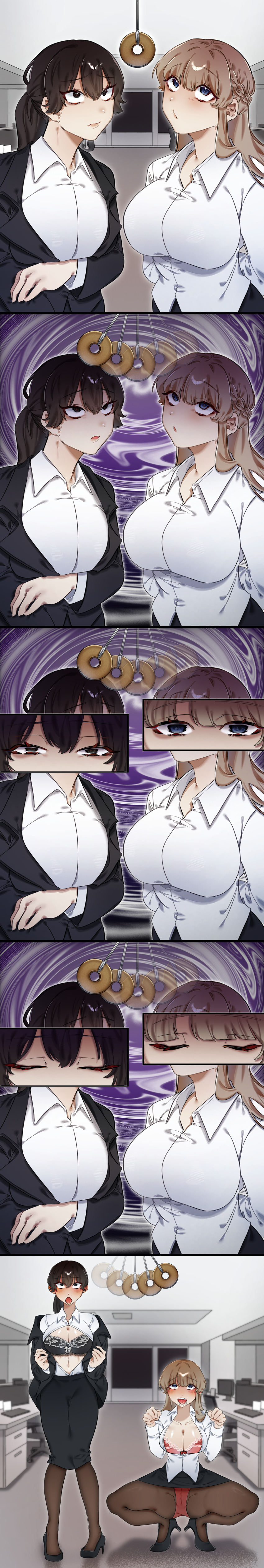 absurdres black_eyes blue_eyes blush bra braid brown_hair cameltoe cleavage closed_eyes clothed coin complex_background drool empty_eyes eye_roll eyebrows_visible_through_hair femsub high_heels lace long_hair midriff multiple_girls multiple_subs navel office_lady original panties pantyhose pendulum pet_play ponytail sequence skirt spiral spiral_background suit thisan_mm tongue tongue_out underwear undressing