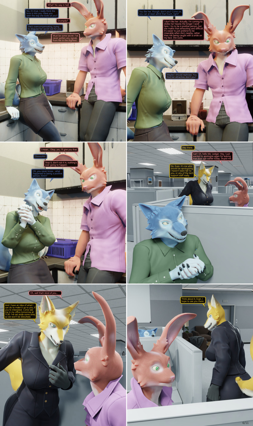 3d bunny_boy comic dialogue evan_(thalarynth) femdom femsub fox_girl furry hypnotized_dom hypnotized_hypnotist kitchen mz._ledger_(thalarynth) office office_lady original seductive_smile speech_bubble text thalarynth_(manipper) unaware wendy_(thalarynth) wolf_girl