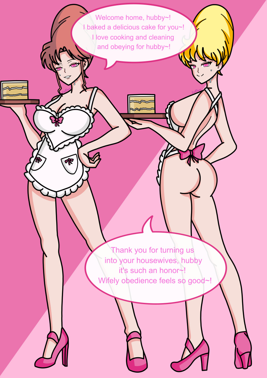 apron ass beehive_hair blonde_hair bow breasts brown_hair cake dialogue ereldraw female_only femsub happy_trance heart heart_eyes high_heels housewife large_ass large_breasts multiple_girls multiple_subs naked_apron pink_eyes sailor_jupiter sailor_moon_(series) sailor_venus smile standing stepfordization sweat symbol_in_eyes text