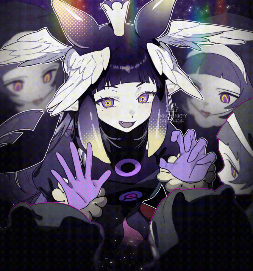 animated animated_eyes_only animated_gif crown danchukkey drool elf_ears female_only femdom femsub gloves glowing glowing_eyes hololive hololive_english hypnotic_eyes long_hair multiple_girls multiple_subs ninomae_ina'nis nun purple_eyes purple_hair ring_eyes short_hair watermark wings