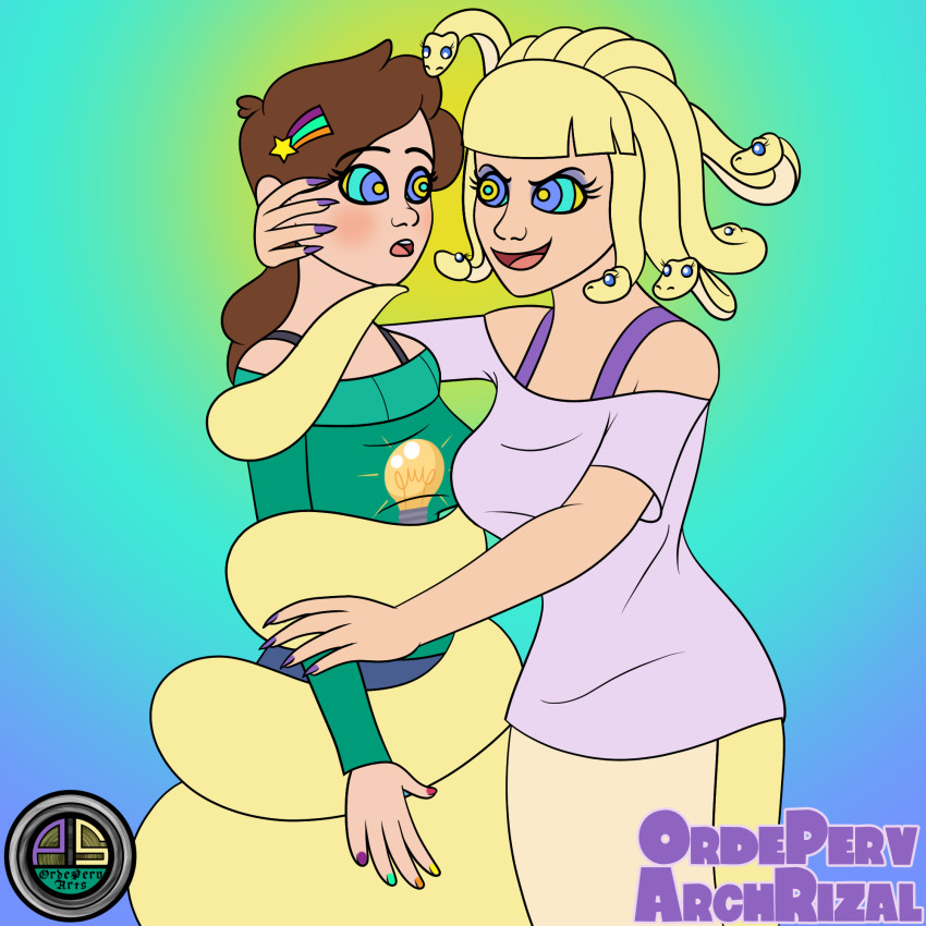 blonde_hair blue_eyes brown_hair coils disney eyelashes female_only femdom femsub gravity_falls hair_ornament kaa_eyes mabel_pines naga_girl nail_polish open_mouth ordeper_arts pacifica_northwest ring_eyes snake_hair sweater