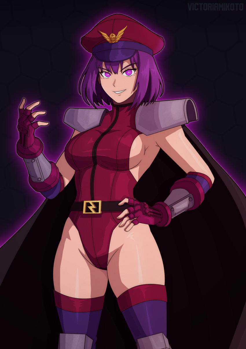 alternate_costume athena_asamiya aura breasts cap capcom cape clothed corruption crossover evil_smile femsub hand_on_hip looking_at_viewer m._bison maledom possession psycho_soldier purple_eyes purple_hair short_hair smile street_fighter thighs victoriamikoto