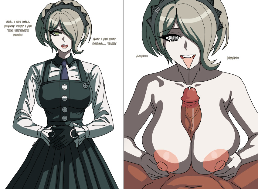 angry apron bare_shoulders before_and_after brain_drain breasts clothed collarbone cum dangan_ronpa dangan_ronpa_v3 dark_skin dialogue dress english_text erect_nipples erection femsub ghostec gloves green_eyes hair_covering_one_eye happy_trance huge_breasts huge_cock huge_nipples instant_loss kirumi_tojo large_nipples light_skin maid maledom nipples nude open_mouth paizuri pale_skin penis sex short_hair signature simple_background smile spiral_eyes spiralwash_eyes text tongue tongue_out topless white_background white_skin