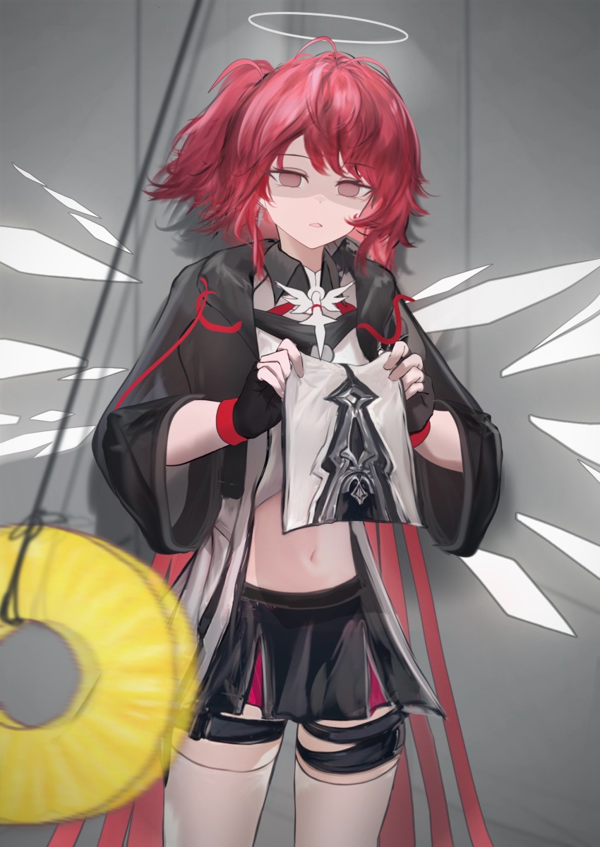 absurdres angel angel_girl arknights empty_eyes exusiai_(arknights) female_only femsub halo humor pendulum pineapple ponytail red_eyes red_hair shirt_lift teadia_violet wings