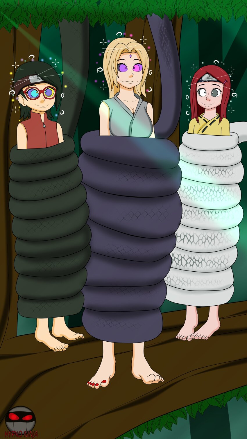 black_hair blonde_hair femsub hypno_ninja kushina_uzumaki naruto_(series) red_hair sarada_uchiha tsunade