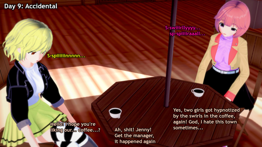 3d accidental_hypnosis blonde_hair dialogue empty_eyes english_text femsub humor hypnotic_drink hypnovember julie_(liz_b) koikatsu! limp liz_(liz_b) liz_b orange_eyes original pink_eyes pink_hair skirt text