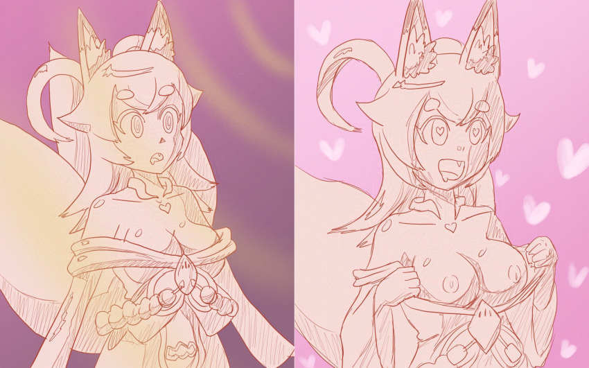 bare_shoulders before_and_after breasts breasts_outside dazed drool exposed_chest female_only femsub fox_girl happy_trance heart heart_eyes inaho_(world_flipper) kitsune_girl long_hair mythkaz nipples pink_background presenting solo spiral_eyes tagme undressing world_flipper
