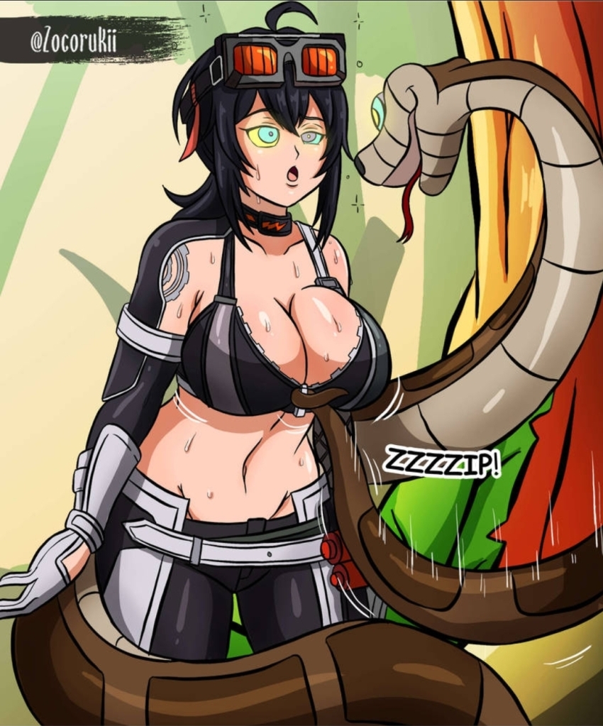 belt bikini_top black_hair cleavage clothed collar dazed femsub gloves goggles goggles_on_head grace_howard instant_loss jungle kaa_eyes maledom midriff navel open_mouth pants ponytail snake standing sweat tongue tongue_out undressing zenless_zone_zero zocorukii