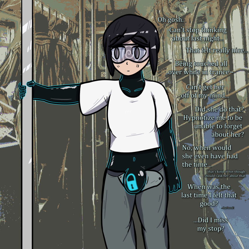 aware black_hair bodysuit bulge clothed collarbone dazed drone glowing grey_eyes happy_trance iris_azure no_panties non-binary non-binary_sub null_bulge open_clothes original pants self_hypnosis short_hair solo spiral standing tech_control text tight_clothing trance_delightful visor