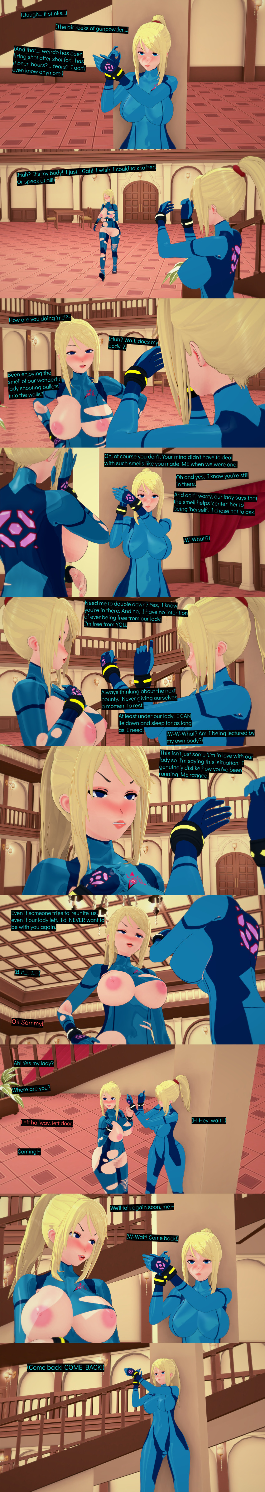 3d absurdres aware blonde_hair blue_eyes blush body_control bodysuit breasts censored closed_eyes clothed crossover cyanstargazer dialogue dual_persona english_text expressionless female_only femsub metroid_(series) multiple_girls nintendo nipples nude ponytail posing pussy samus_aran statue super_smash_bros. text torn_clothes