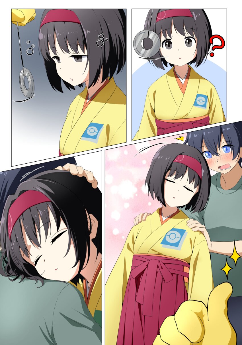 black_hair closed_eyes comic dazed erika_(pokemon) etlabsotwe expressionless femsub grey_eyes headband hypno kimono maledom nintendo pendulum pokemon short_hair sleeping