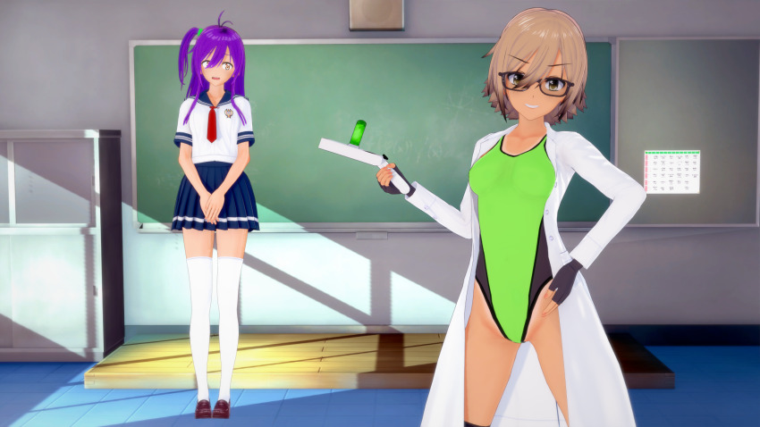 3d coat femsub glasses haigure_ayami haigure_ayami_(artist) leotard long_hair original raygun school_uniform short_hair swimsuit