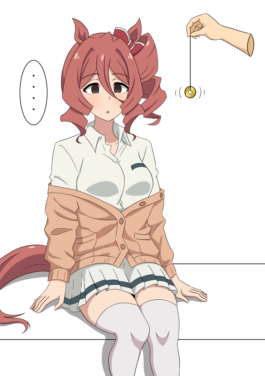 absurdres animal_ears brown_eyes coin deepwater empty_eyes expressionless femsub horse_girl norn_ace pendulum phantom_hand red_hair shirt simple_background sitting skirt sweater tail thighhighs uma_musume undressing white_background