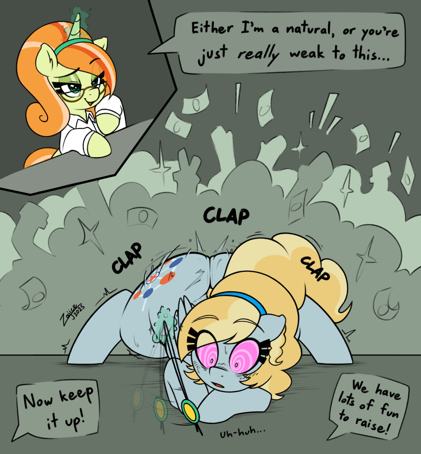 dialogue femdom femsub magic my_little_pony original pegasus pendulum speech_bubble spiralwash_eyes stage text twerk unicorn zajice