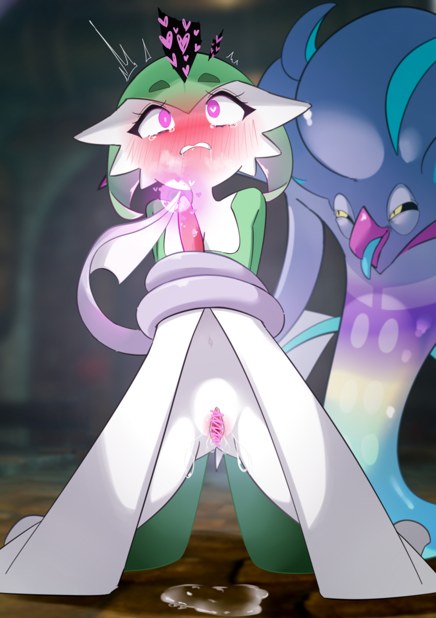 blush bottomless censored coils drool evil_smile femsub furry gardevoir heart_eyes kneeling m3_(m33g) malamar mega_malamar nintendo pink_eyes pokemon pussy pussy_juice tears tentacles