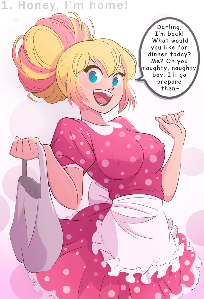 apron black_lipstick blonde_hair breasts clothed dialogue disguised_hypnotist dress english_text erect_nipples erect_nipples_under_clothes gwen_poole gwenpool hair_buns happy_trance hypnovember large_breasts lipstick makeup marvel_comics pink_hair speech_bubble spider-man_(series) spiral_eyes stepfordization tagme text