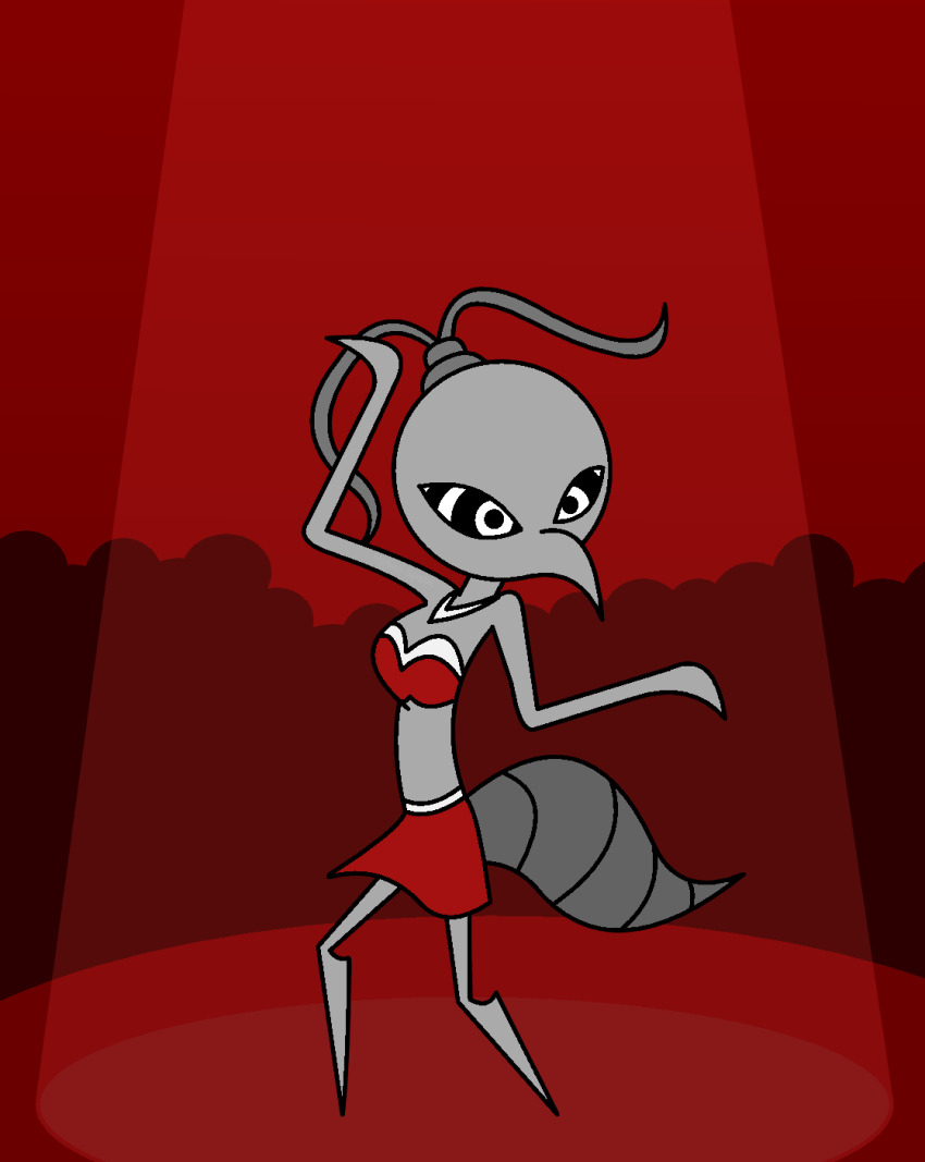 androgynous_dom bare_shoulders barefoot bug_girl crop_top dancer dancing femsub furry grey_skin harem_outfit hollow_knight_(series) hypnoscream iselda_(hollow_knight) necklace ponytail red_background ring_eyes skirt stage