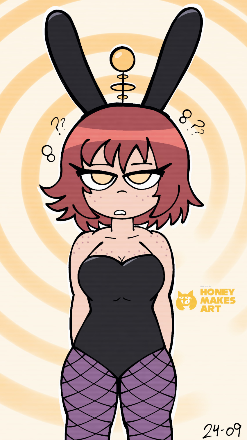 antenna arms_behind_back brown_hair bubble bunny_ears bunnysuit clothed confused expressionless fake_animal_ears female_only femsub fishnets freckles headband heavy_eyelids honeymakesart kim_pine looking_at_viewer pantyhose red_hair scott_pilgrim_(series) short_hair signature simple_background solo spiral_background standing standing_at_attention tech_control yellow_eyes