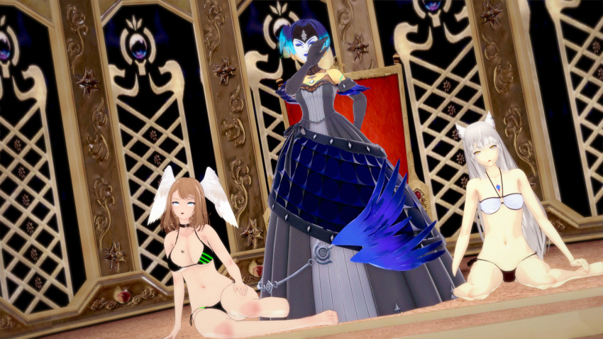 3d alternate_costume alternate_hairstyle bare_legs bare_shoulders barefoot bikini bird_girl blue_hair breasts brown_hair cat_ears cat_girl corruption cosplay costume dazed dress eunie_(xenoblade) female_only femsub gloves harem hypnotized_dom hypnovember mask melia_antiqua midriff mio_(xenoblade) navel nintendo opera_gloves queen royalty sena_(xenoblade) sonrio12 very_long_hair white_hair wings xenoblade_chronicles xenoblade_chronicles_3