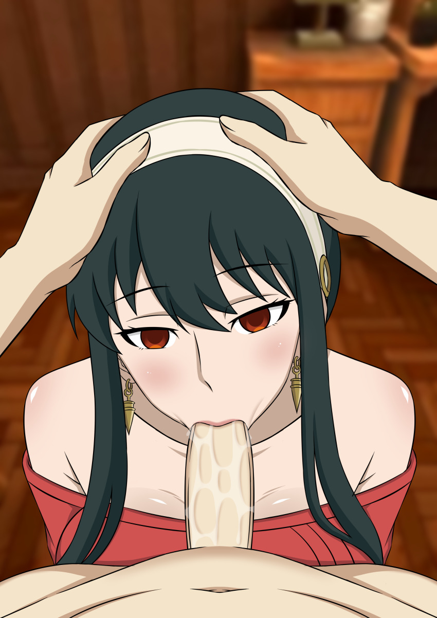 black_hair doggos_doujins empty_eyes fellatio femsub long_hair maledom nude red_eyes spy_x_family text yor_briar