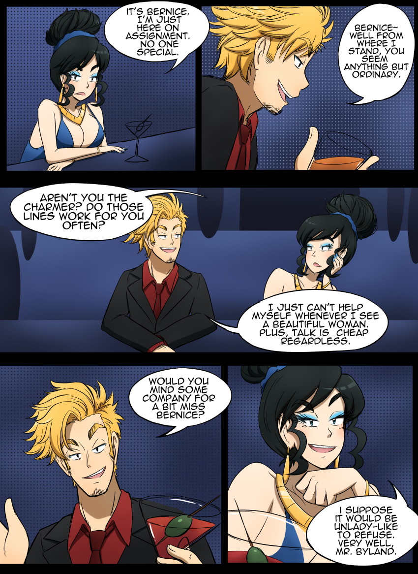 black_hair blonde_hair comic dress kobi94 large_breasts original suit text