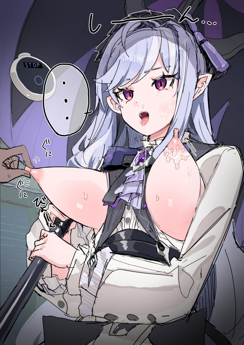 absurdres banpurai blue_hair bow breasts clock dress elf_ears empty_eyes exposed_chest expressionless eyebrows_visible_through_hair femsub hair_ornament japanese_text long_hair mole nipple_tweak nipples open_mouth purple_eyes speech_bubble sweat text time_stop tongue tongue_out vivian_banshee weapon zenless_zone_zero