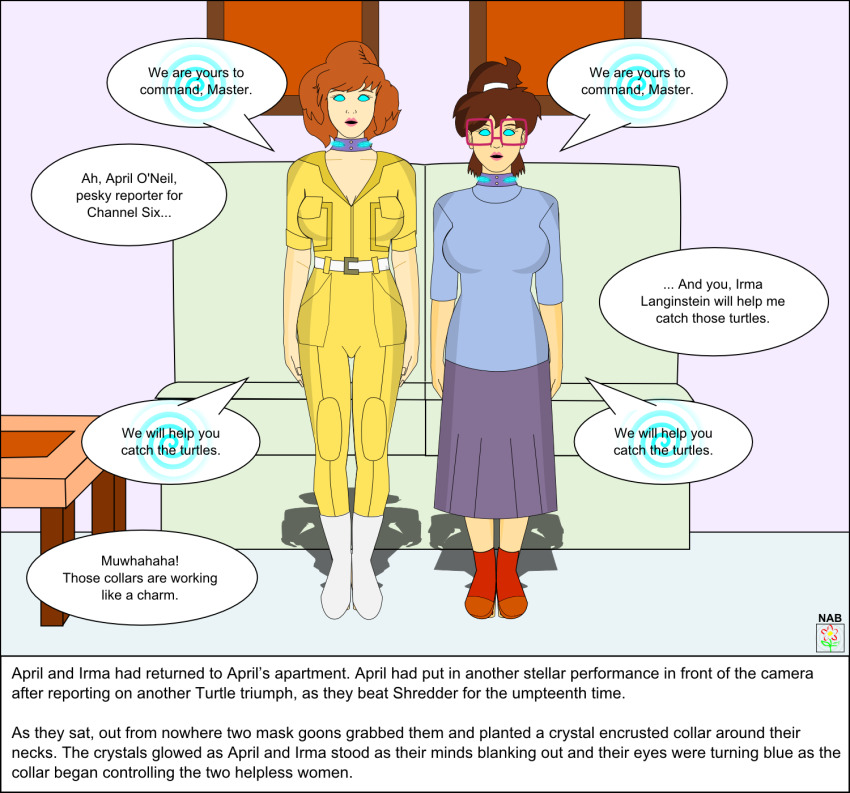april_o'neil brown_hair collar dialogue empty_eyes femsub glasses irma_langinstein nabs001 orange_hair tech_control teenage_mutant_ninja_turtles text