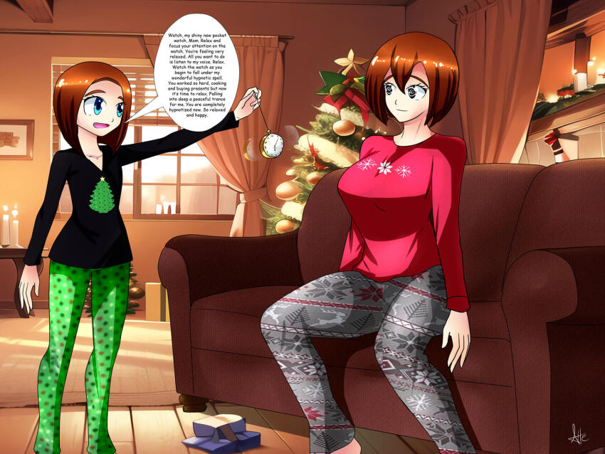 attentte barefoot black_eyes blue_eyes brown_hair candle christmas christmas_tree clock clothed collarbone couch female_only femdom femsub good_sub_conditioning happy_trance kiddom large_breasts mother_and_daughter open_mouth pajamas pants pendulum shirt short_hair sitting smile spiral_eyes standing text wholesome