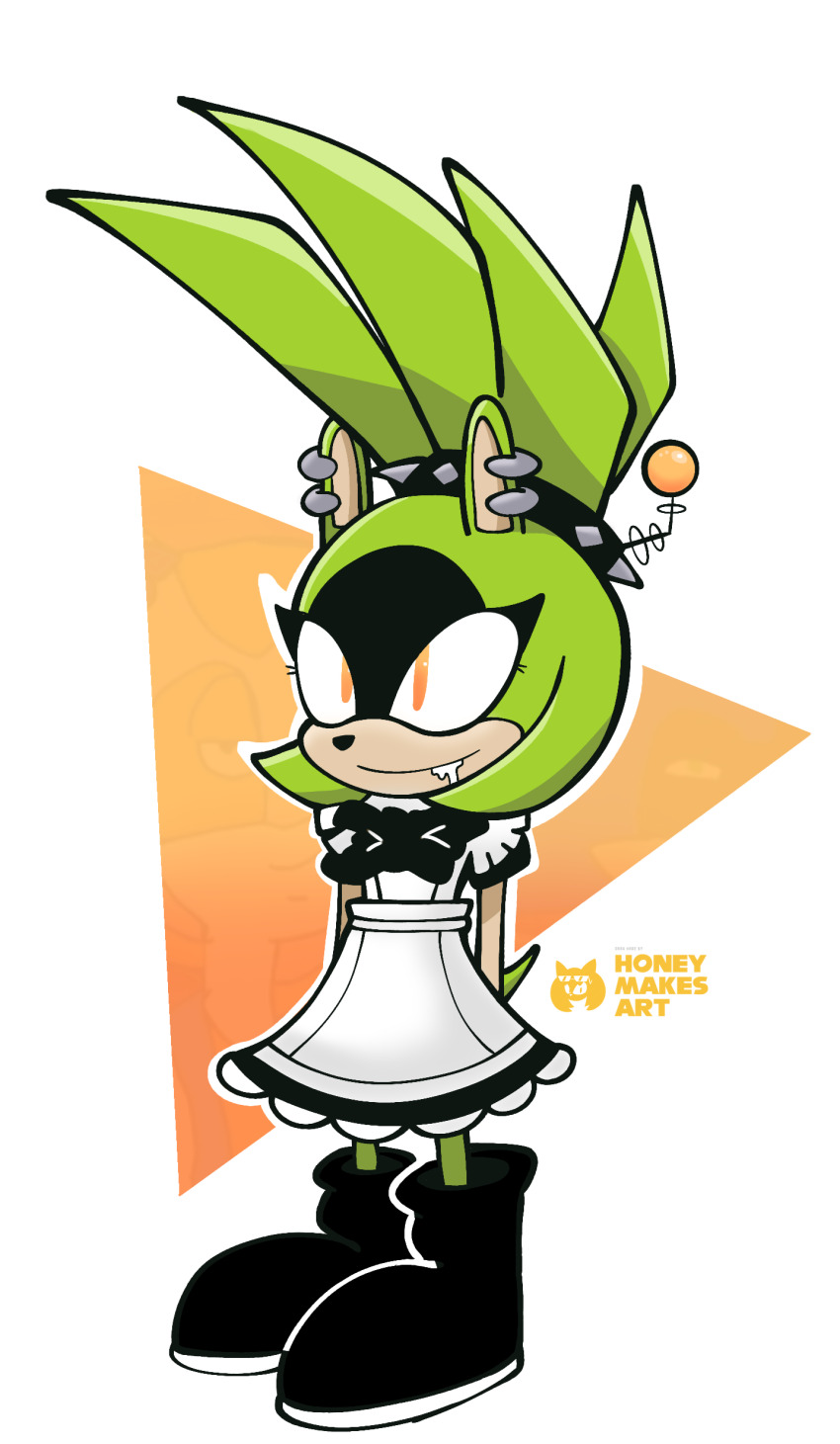 animal_ears animals_only antenna furry honeymakesart idw_comics maid meme signature simple_background sonic_the_hedgehog_(series) standing standing_at_attention surge_the_tenrec tech_control yellow_eyes