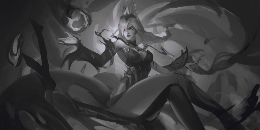 absurdres ahri_(league_of_legends) alternate_costume alternate_hairstyle animated animated_gif bare_legs body_markings chair control_indicator corruption crossed_legs crown crystal eye_color_change facial_markings femsub gloves glowing_eyes green_eyes greyscale hair_color_change hair_covering_one_eye hand_on_head kitsune_girl l_air league_of_legends legs long_hair looking_at_viewer maledom monochrome outdoors pale_skin ruination short_hair sitting sketch slit_pupils smoke sword viego_(league_of_legends) weapon white_hair white_skin