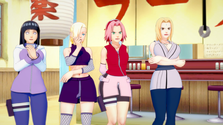 3d arms_behind_back blonde_hair blue_eyes breasts brown_eyes coin crossed_arms female_only fishnets green_eyes hair_covering_one_eye hair_ornament hinata_hyuuga ino_yamanaka large_breasts light_skin long_hair multiple_girls naruto_(series) pendulum pink_hair purple_hair sakura_haruno short_hair takazumishan thick_thighs thighhighs thighs tsunade