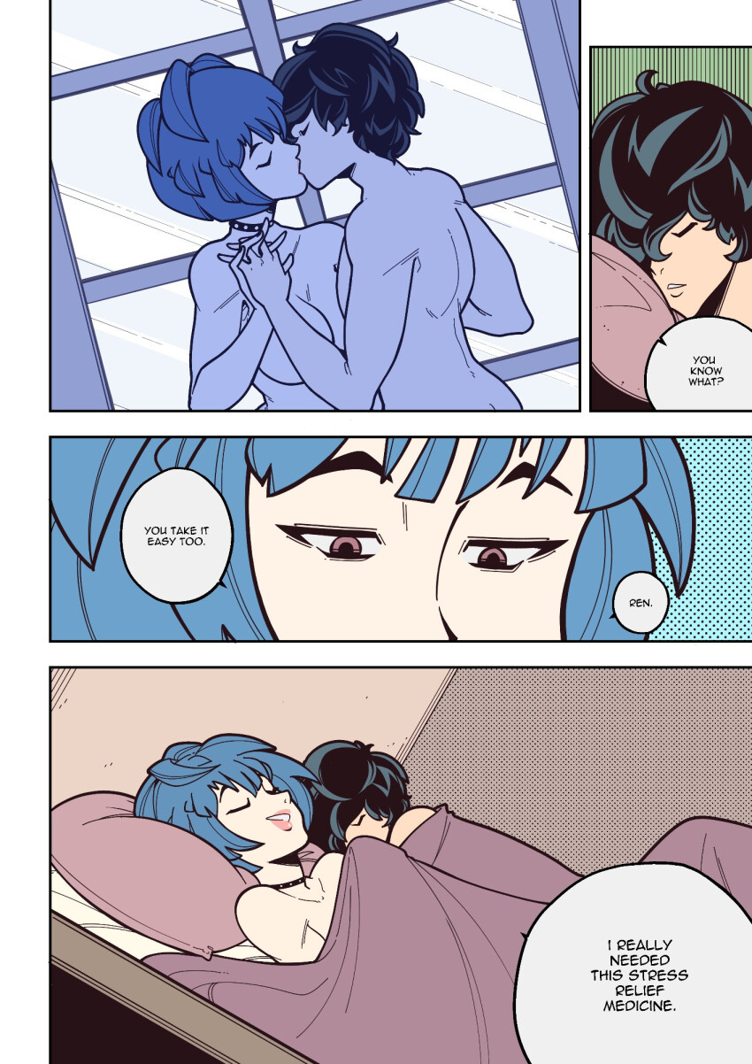 bed black_hair blue_hair brown_eyes choker closed_eyes comic convenient_censoring dialogue efalabrino femsub holding_hands joker_(persona_5) kissing maledom nude persona_(series) persona_5 short_hair sleeping smile speech_bubble tae_takemi tagme text topless trigger wholesome