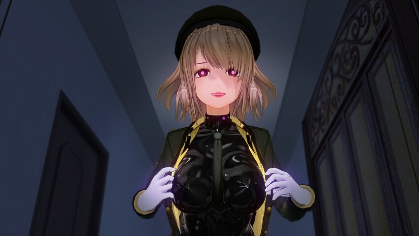 3d bangs blonde_hair bodysuit breasts collar custom_maid_3d_2 erect_nipples erect_nipples_under_clothes fangs female_only femsub gloves glowing_eyes happy_trance hat latex li_q looking_at_viewer original pink_eyes rubber short_hair smile tech_control tie tight_clothing undressing uniform