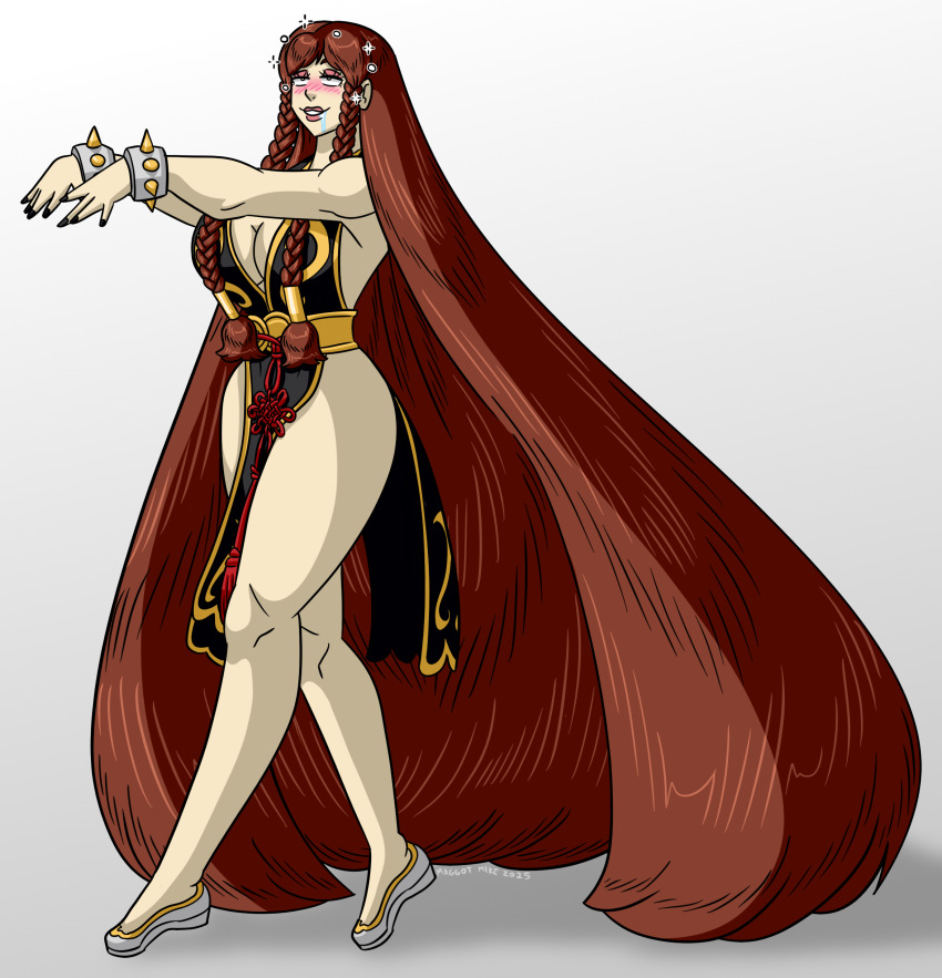 black_nail_polish blush bracers braid brown_hair capcom chun-li cleavage drool eye_roll eyeshadow female_only femsub gradient_background happy_trance large_breasts lipstick maggotmike nail_polish shrunken_irises simple_background street_fighter unfocused_eyes very_long_hair watermark wrist_band zombie_walk