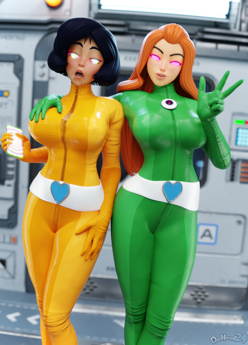 3d absurdres alex black_hair bodysuit dark_skin dochaunt drool female_only femsub glowing glowing_eyes groping latex looking_at_viewer orange_hair phone rainbow_eyes sam smile standing tech_control totally_spies watermark