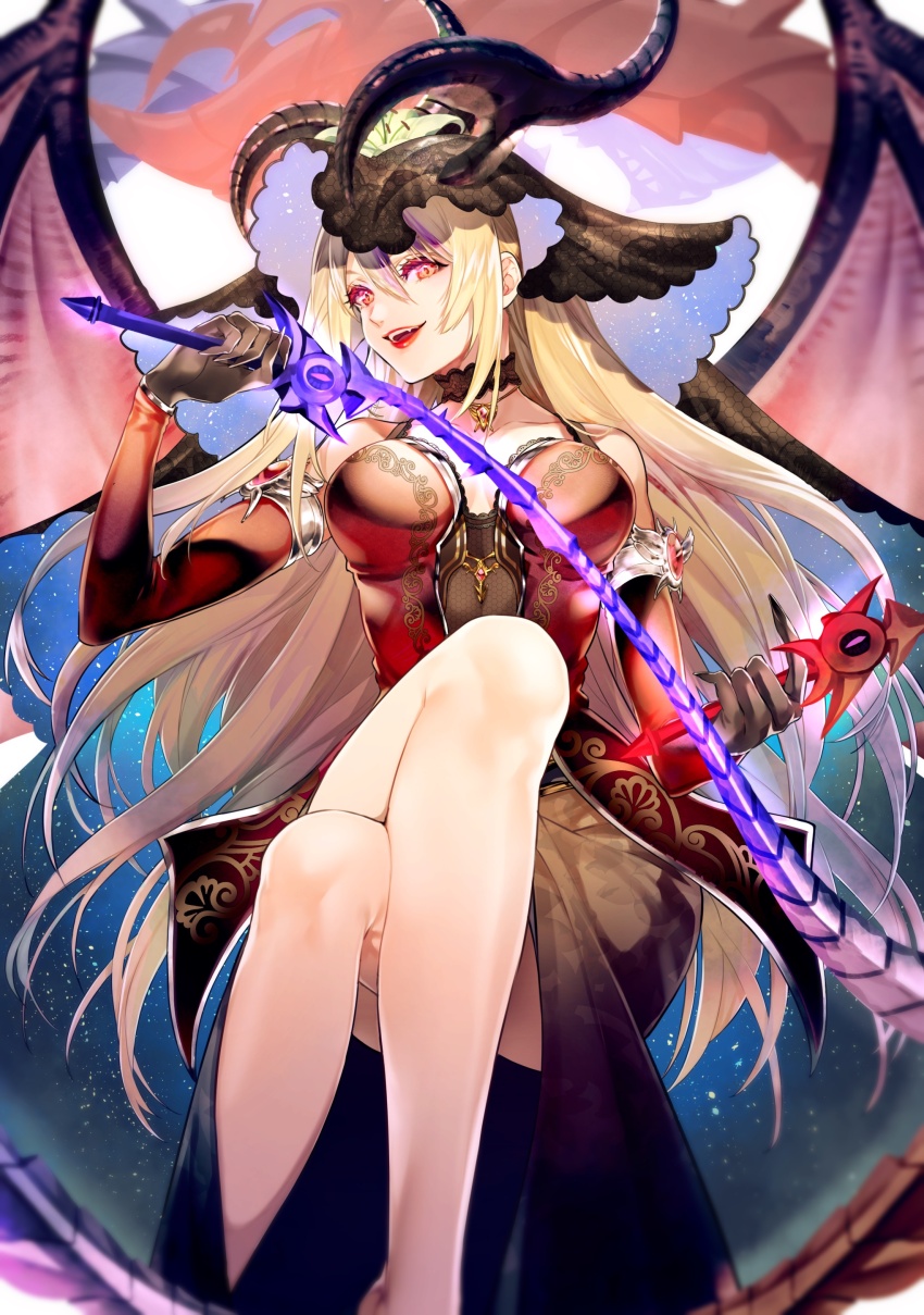 alternate_costume alternate_form alternate_hair_color bahamut_(final_fantasy) bare_legs bare_shoulders blonde_hair breasts choker cleavage consensual crossed_legs dark_fina dragon_girl evil_smile fangs femsub fina final_fantasy final_fantasy_brave_exvius floating fusion glowing glowing_eyes happy_trance horns large_breasts legs lipstick long_hair makeup multicolored_hair possession purple_eyes purple_hair red_eyes red_lipstick sharp_teeth sitting slit_pupils smile square_enix tarutaru_yamaoka veil weapon whip wings