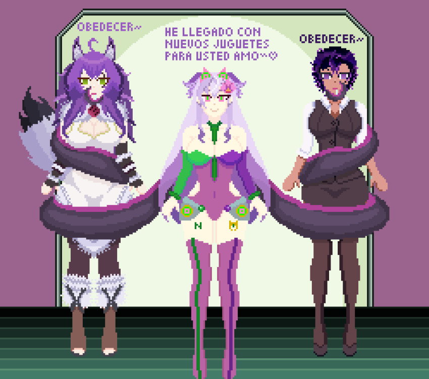 arcananug black_skin empty_eyes femsub green_eyes hypnotic_accessory hypnovember lunarimoonlady mind_break nyarukavt original pixel_art purple_eyes purple_hair tail tentacles text tory_(oc) translated white_skin wolf_girl