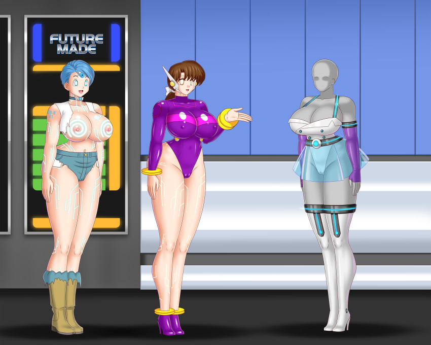 alternate_costume bare_shoulders blue_eyes blue_hair bluebullpen body_markings boots brown_eyes brown_hair bulma_briefs cameltoe cleavage crossover dragon_ball dragon_ball_super erect_nipples femdom femsub fingerless_gloves glowing_eyes hair_ribbon happy_trance high_heels huge_breasts kasumi_tendo leotard long_hair mannequin opera_gloves ponytail ranma_1/2 robotic_trance robotization short_hair short_shorts short_skirt smile story tech_control topless