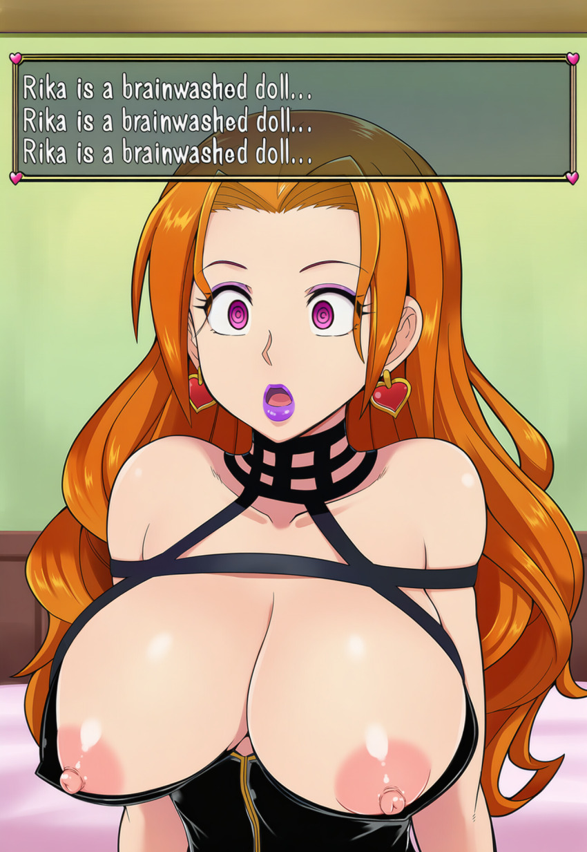 ai_art choker dialogue earrings empty_eyes expressionless eyeshadow femsub hellsing002_(generator) kamen_writer_mc lipstick long_hair makeup mantra nipples orange_hair original rika_(made_to_order) ring_eyes symbol_in_eyes text
