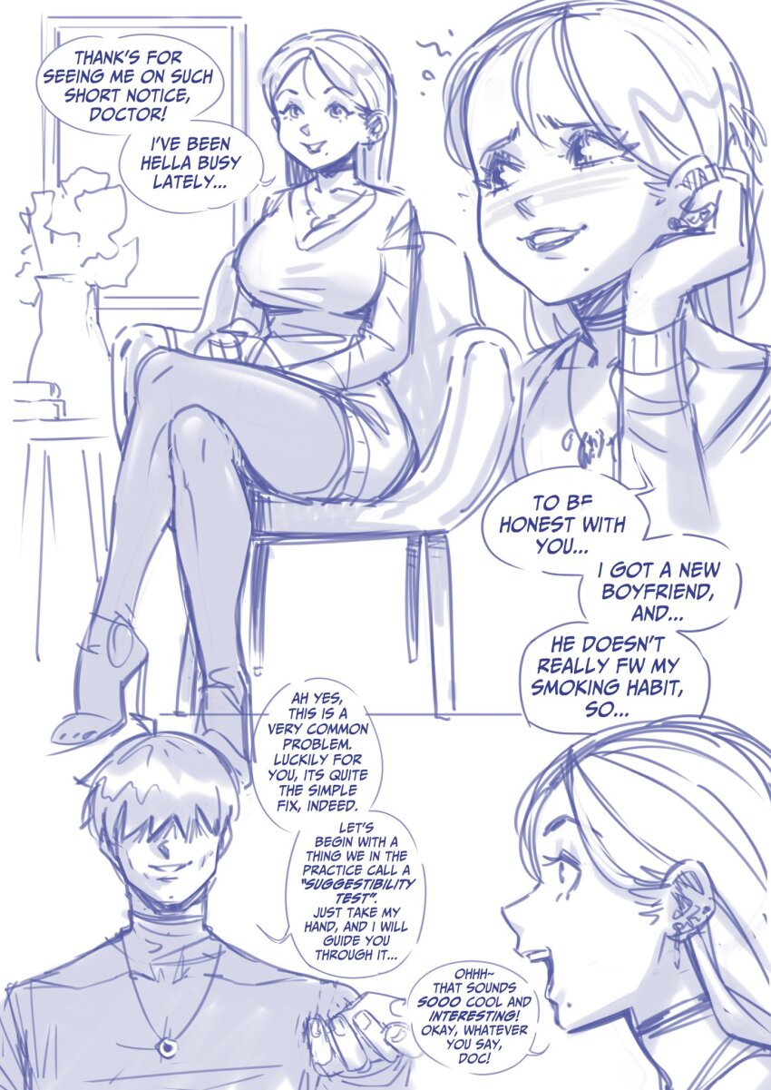 blush choker clothed consensual doctor earrings gmun high_heels huge_breasts jewelry lipstick long_hair necklace open_mouth short_hair sitting smile speech_bubble text therapist