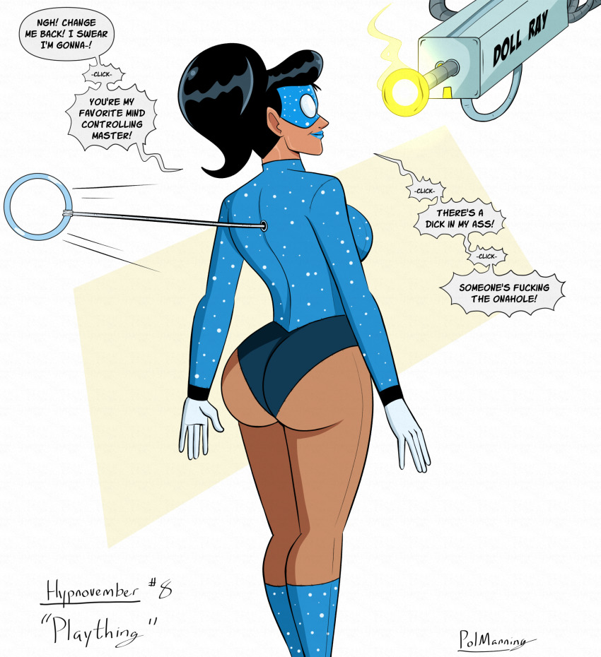 ass black_hair blue_lipstick blueshift_(polmanning) comic doll dollification female_only femsub gloves gun hypnovember leotard polmanning ponytail speech_bubble super_hero text toy_story