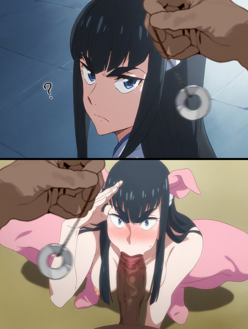 ai_art alternate_costume bangs before_and_after black_hair blowjob_face blue_eyes blush bottomless coin erection fake_animal_ears fellatio femsub instant_loss kichiku-sensei kill_la_kill light_skin long_hair maledom nipples nude oral pendulum penis pig_girl pov pov_dom saluting satsuki_kiryuuin sex shrunken_irises squatting topless veins